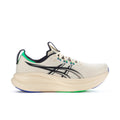 Men's running shoe in seashell and black with neon green and blue accents