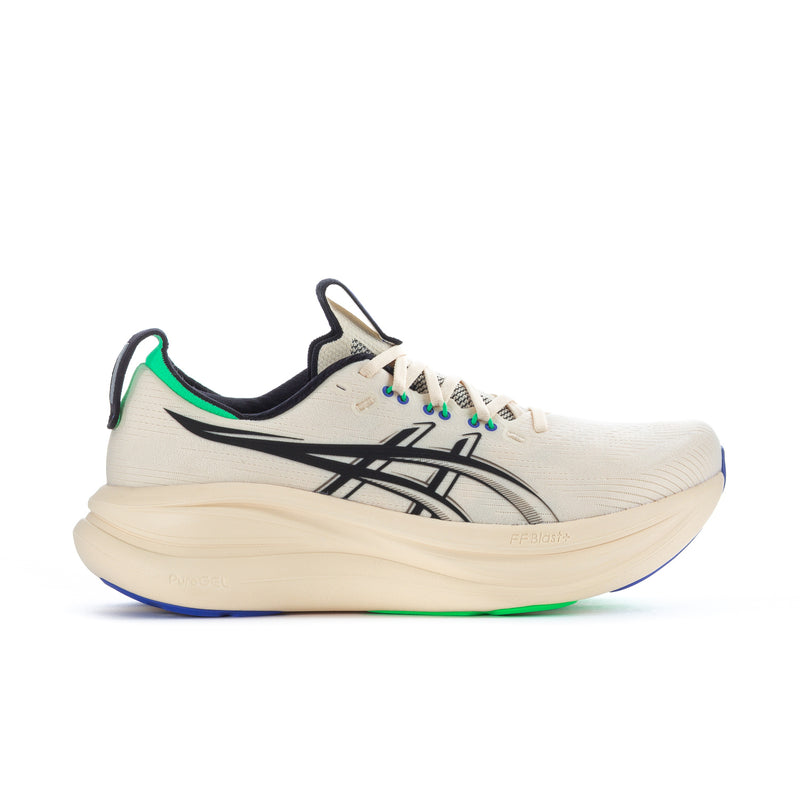 Men's running shoe in seashell and black with neon green and blue accents