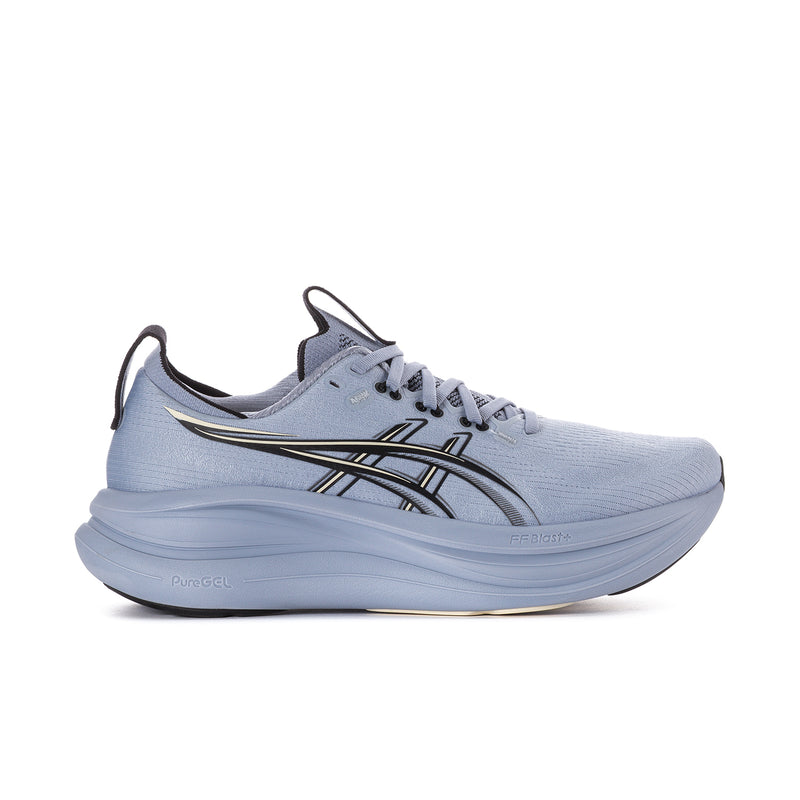 Men's running shoes in light blue mesh with black logo stripes and cushioned sole