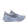 Men's running shoes in light blue mesh with black logo stripes and cushioned sole