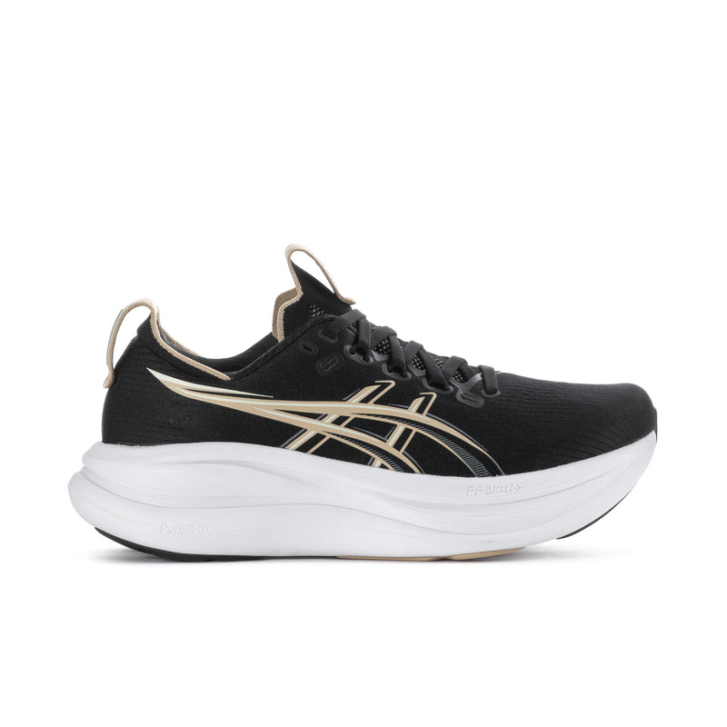 Men's black running shoe with gold stripes and white midsole