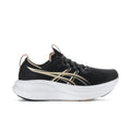Men's black running shoe with gold stripes and white midsole