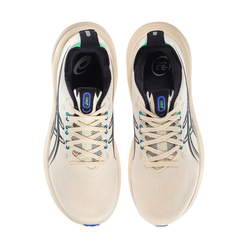 Men's running shoe pair, cream knit with black tongue and blue-green lace tips
