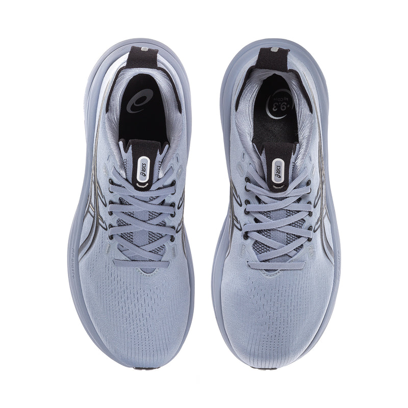 Men's running shoes, pair view, light blue knit upper with lace-up and cushioned tongue