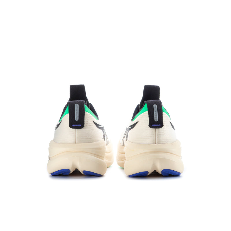 Men's running shoe, cream heel with black collar and green-blue side accents