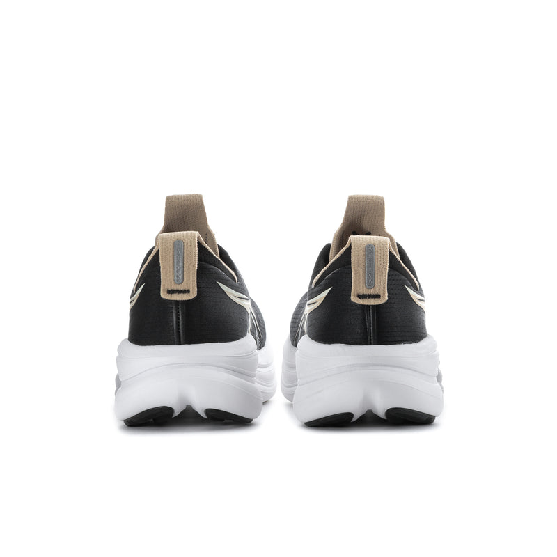 Pair of men's black running shoes with beige heel tabs and white outsole