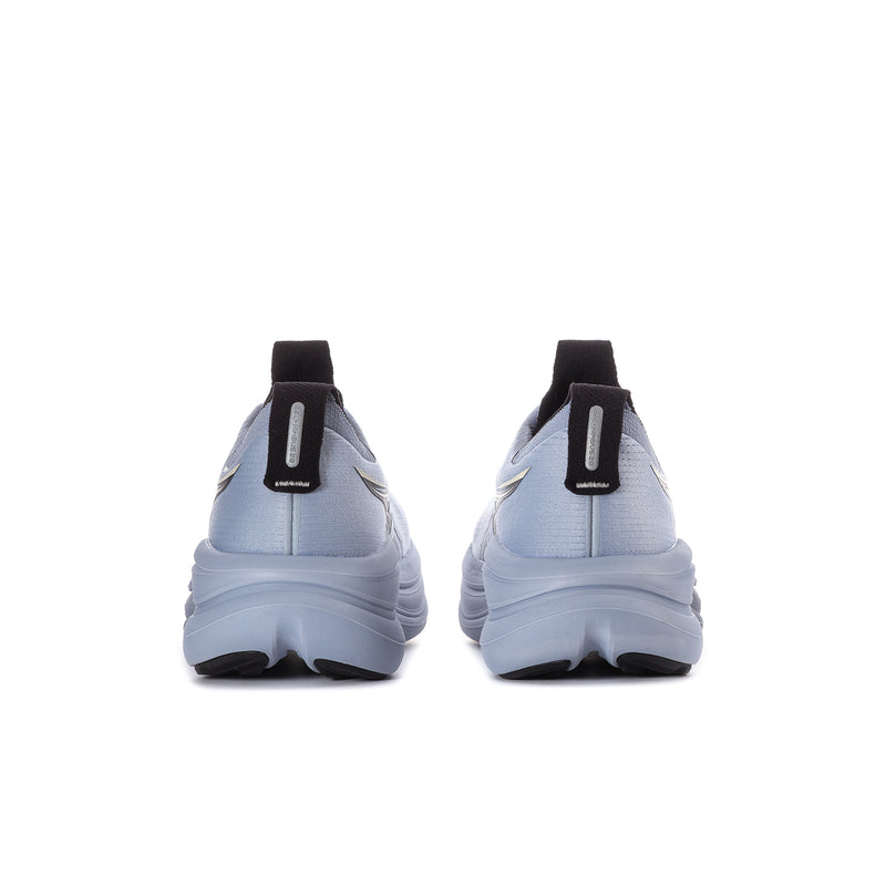 Men's running shoes, heel view, light blue with rear pull tab and dark outsole details