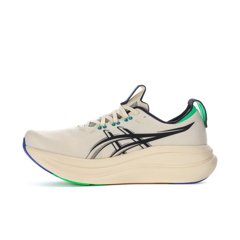 Men's running shoe, cream mesh with black stripes, neon green and blue sole