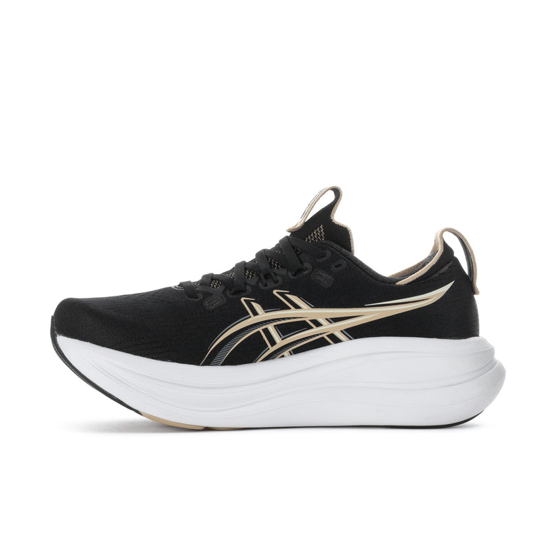 Men's black low-top running shoe with gold stripes and white rocker sole