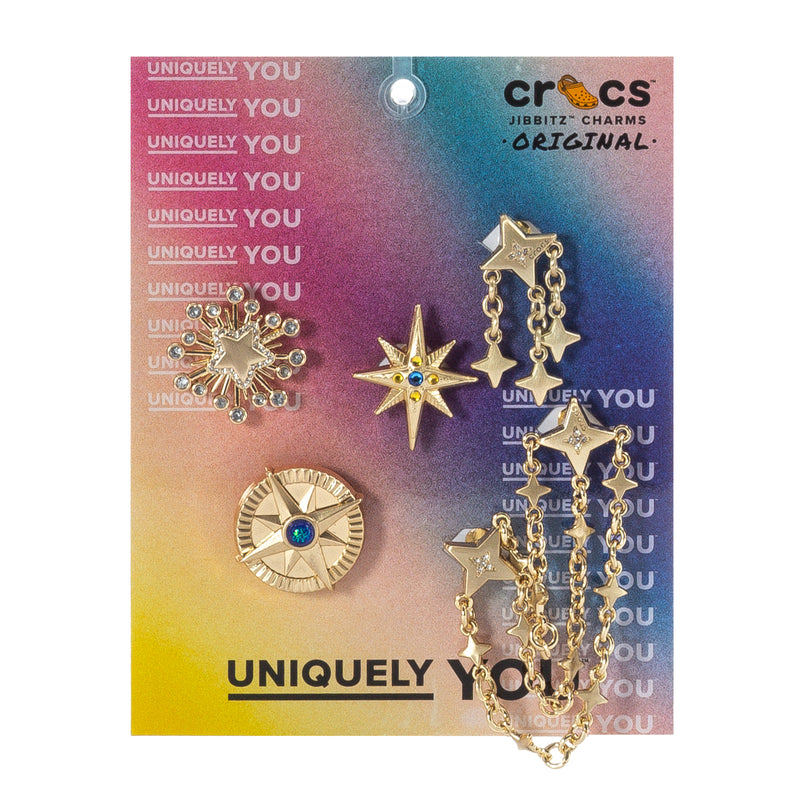 Gold-tone celestial jibbitz charm pack with blue gem star and moon