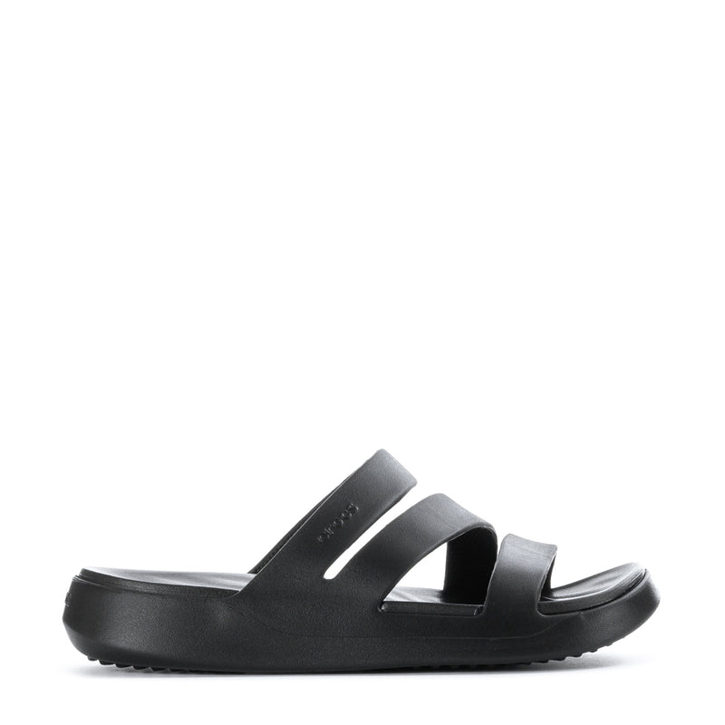 Black strappy slide sandal with two-bar straps and cushioned sole.
