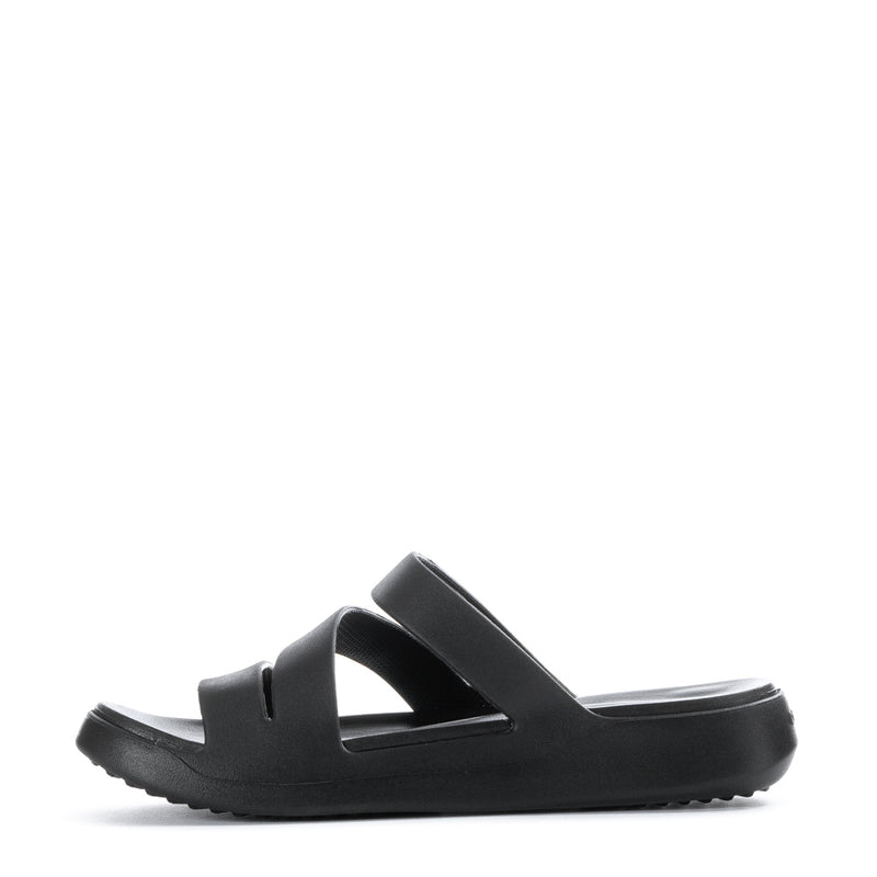 Black slide sandal with wide cross straps and textured outsole.
