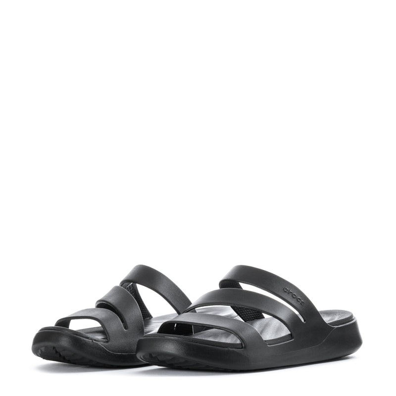 Black strappy sandal with two instep straps and molded footbed.