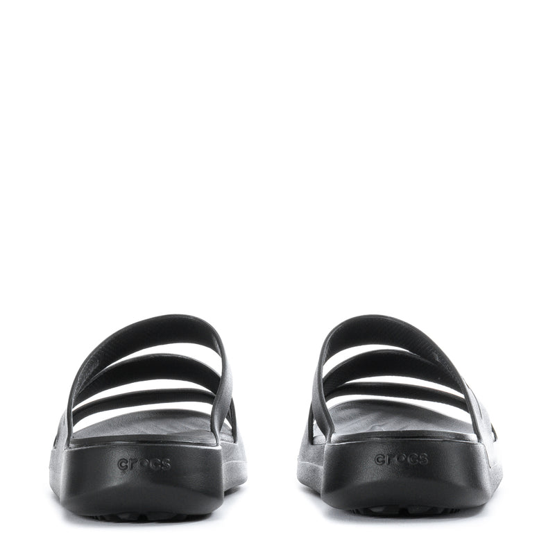 Black slide sandal heel view with Crocs logo on back strap.