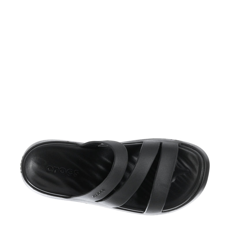 Black sandal footbed with Crocs logo and strap cutouts.