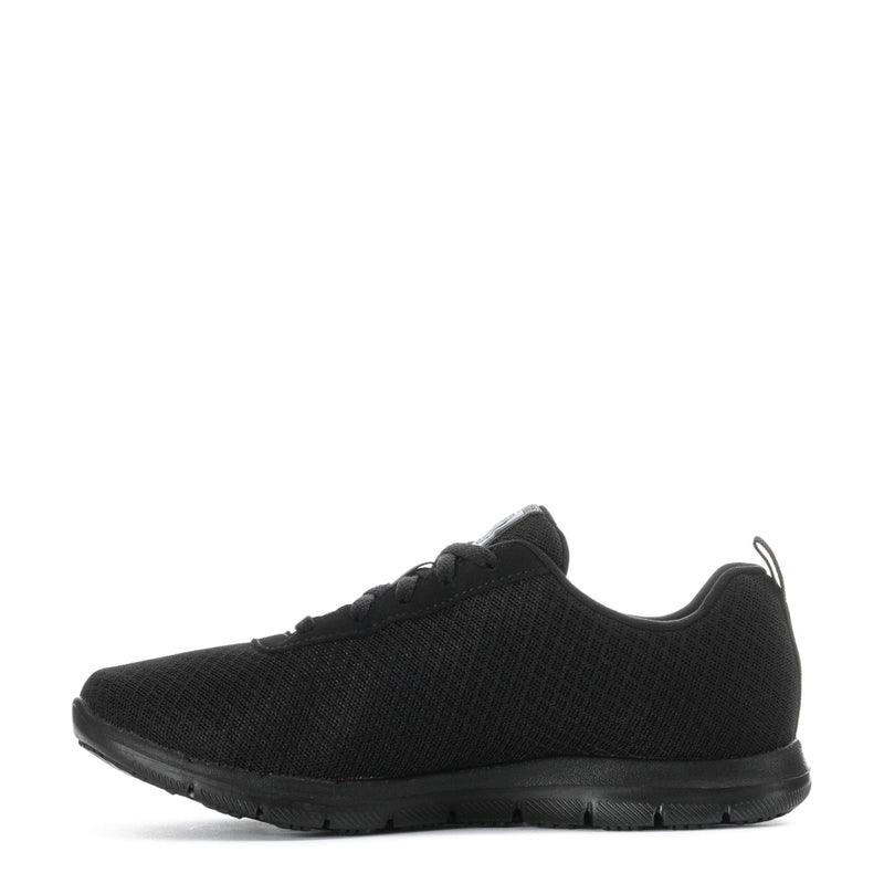 Women’s black lace-up wide sneakers, side profile with textured knit upper