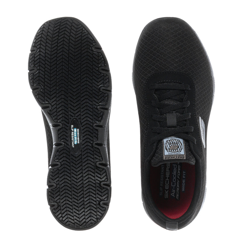 Women’s black wide sneakers showing tread outsole and lace-up upper