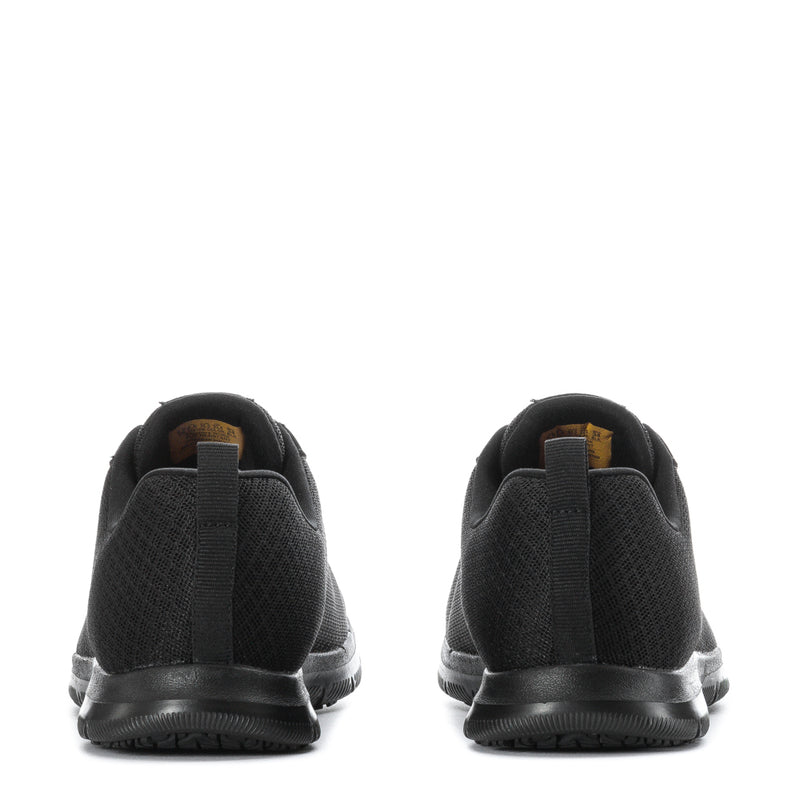 Women’s black wide sneakers, rear view with heel tab and cushioned sole