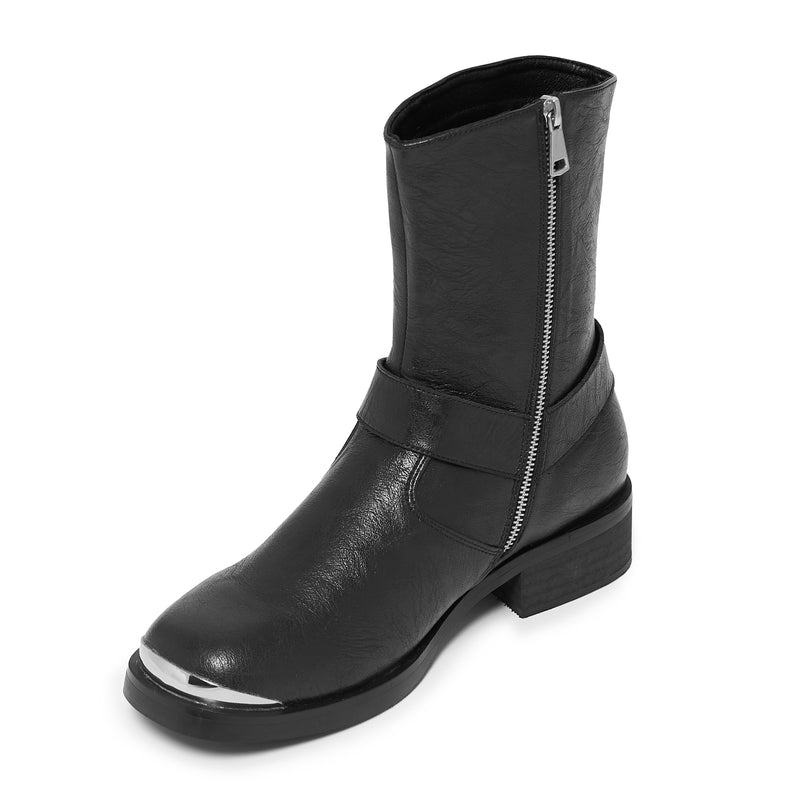Black leather boot with a zipper on a white background