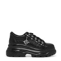 Black sneaker with unique design on a white background