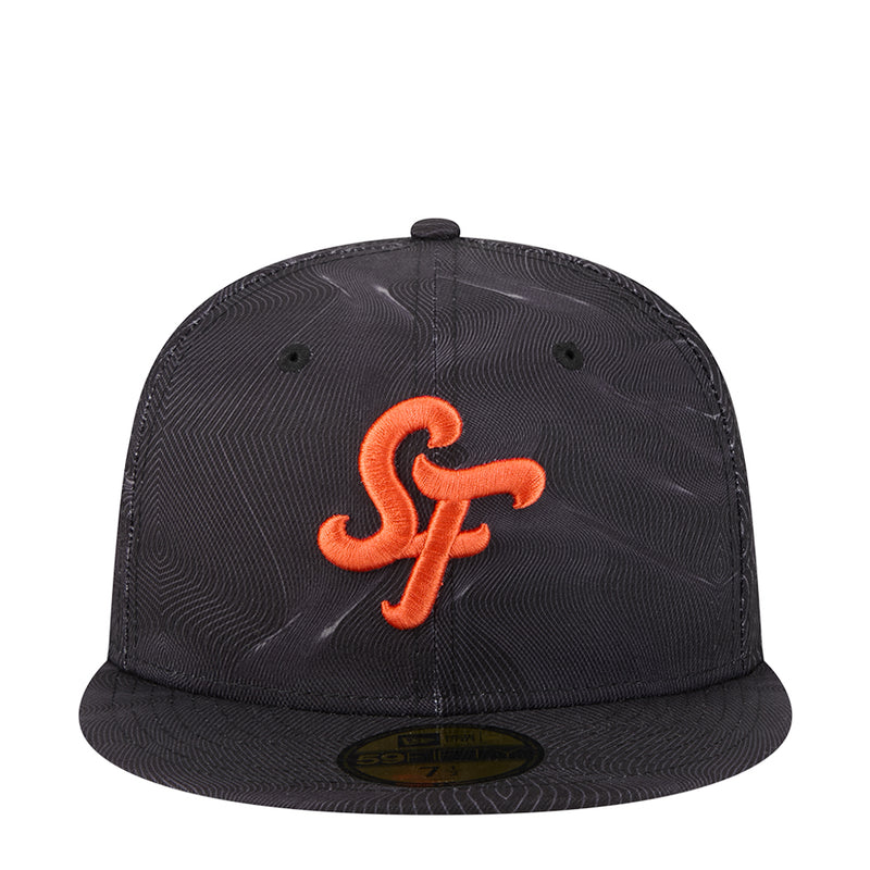 Dark baseball cap with orange Sf logo embroidery and curved brim