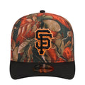 Two-tone A-frame cap with red/green leaf camo front and black underbrim, SF logo patch