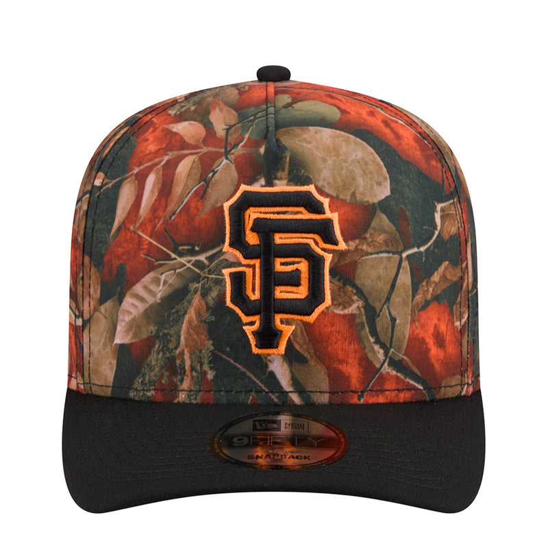 Two-tone A-frame cap with red/green leaf camo front and black underbrim, SF logo patch