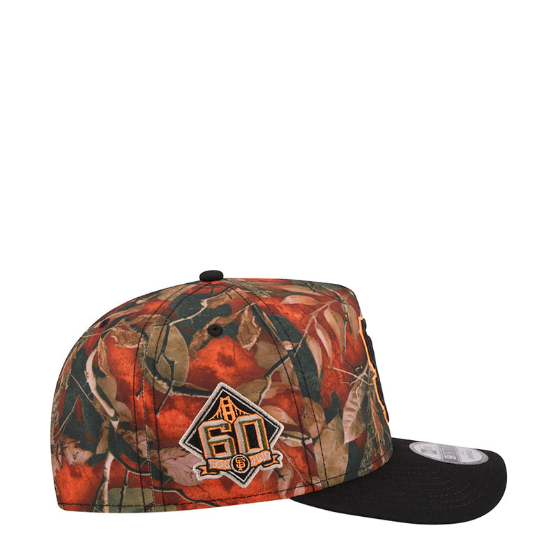 Two-tone A-frame cap in red/green leaf camo with black side and front SF logo