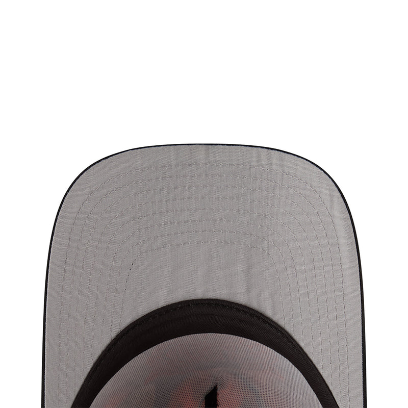 A-frame cap close-up: light gray fabric with stitched pattern and black interior band