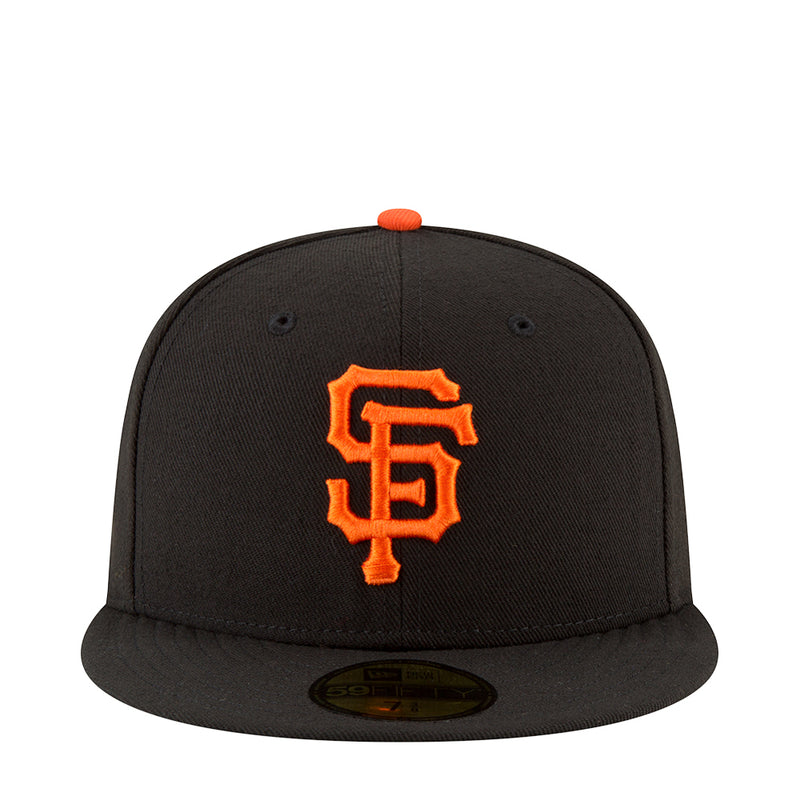 Black baseball cap with orange SF-style logo on front and orange top button