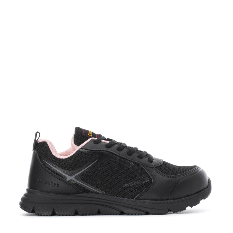 Black lace-up athletic sneaker with pink collar lining and textured side panels.