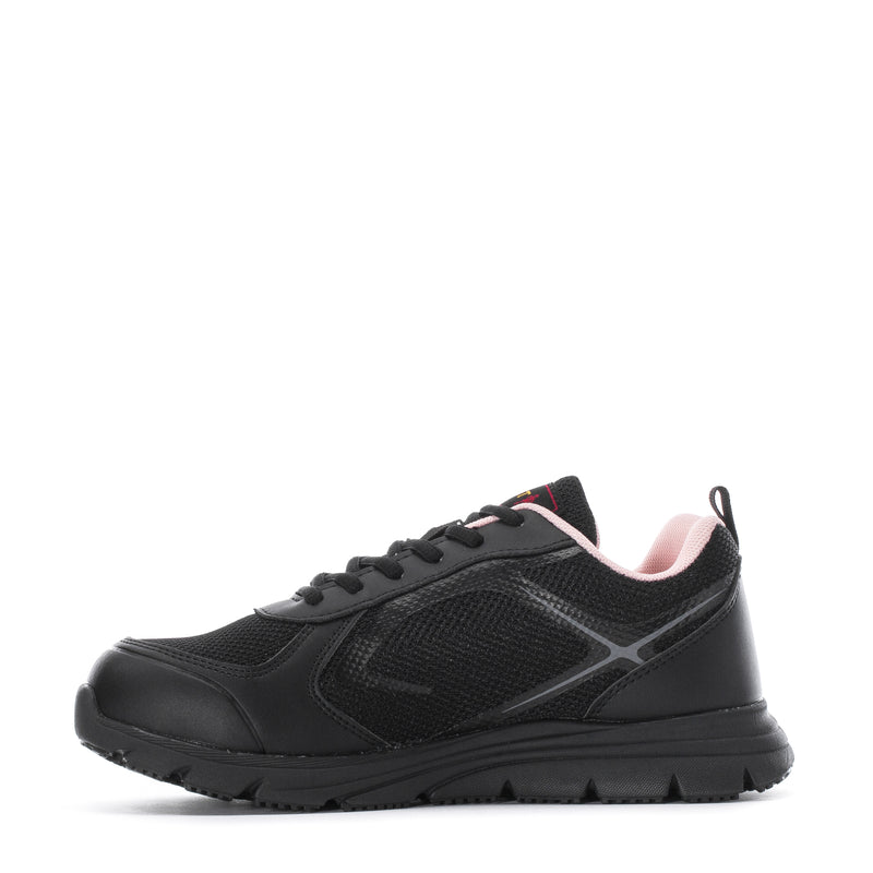 Black runner sneaker with pink collar lining, side mesh panels, and treaded sole.