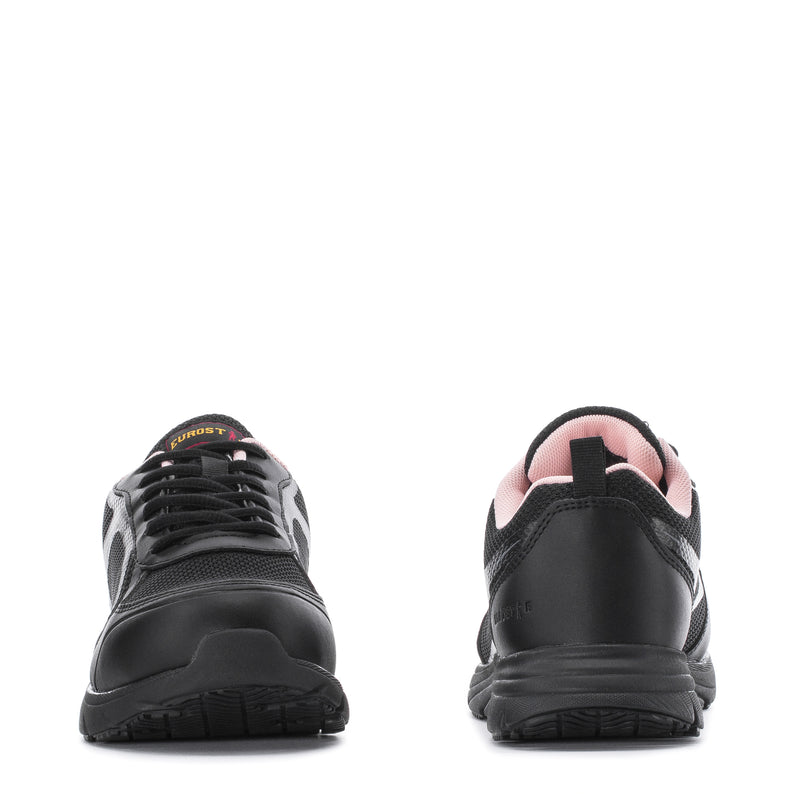 Black sneakers with pink interior lining, showing lace-up heel and toe details.