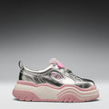 Silver sneaker with pink sole and accents on a gray background