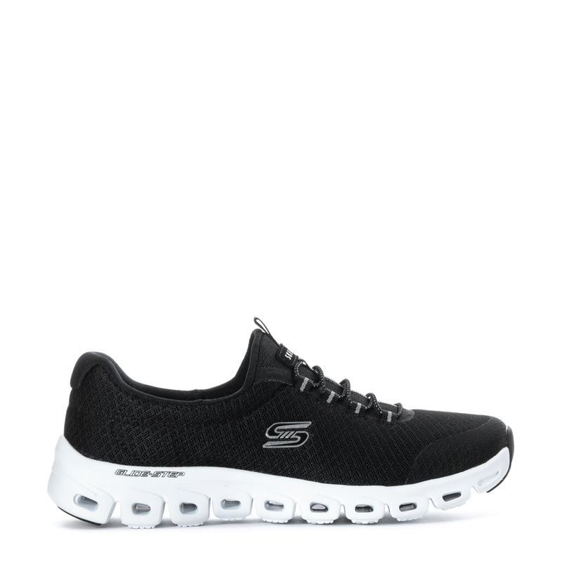 Black knit women's sneakers with white pod-style midsole and lace-up front