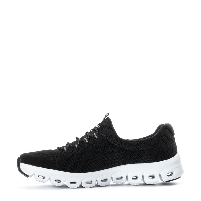 Black knit lace-up women's sneakers with white pod-style midsole and rounded toe
