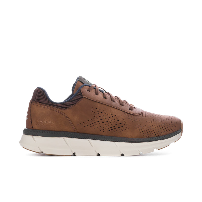 Men's dark tan lace-up sneakers with perforated upper and white rubber sole