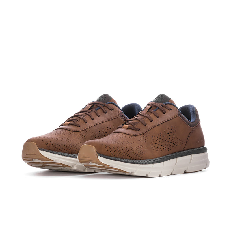 Men's dark tan lace-up sneakers, perforations, blue lining, and white midsole