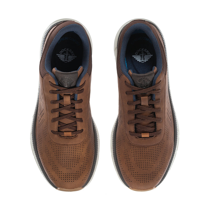 Men's dark tan lace-up sneakers with perforated toe and blue interior lining