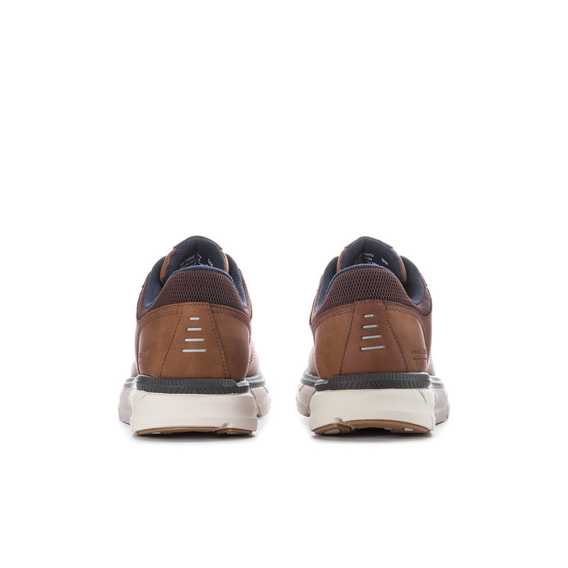 Men's dark tan lace-up sneakers, rear view with padded collar and white sole
