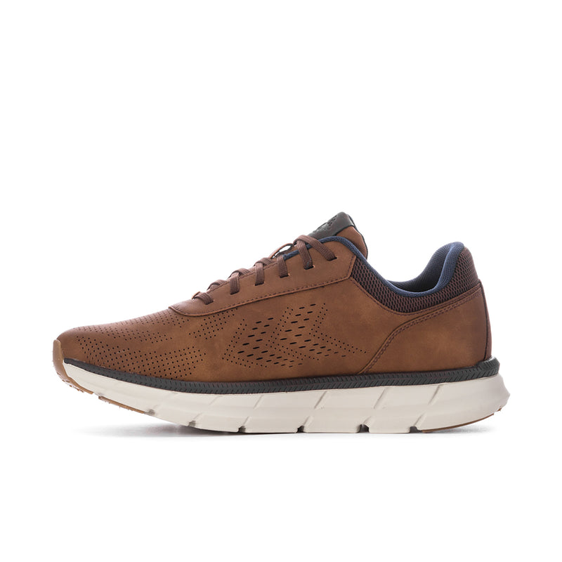 Men's dark tan lace-up sneakers with perforated panels and cushioned collar