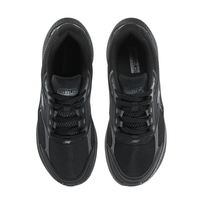 Black lace-up running shoes with padded collar and visible mesh lining