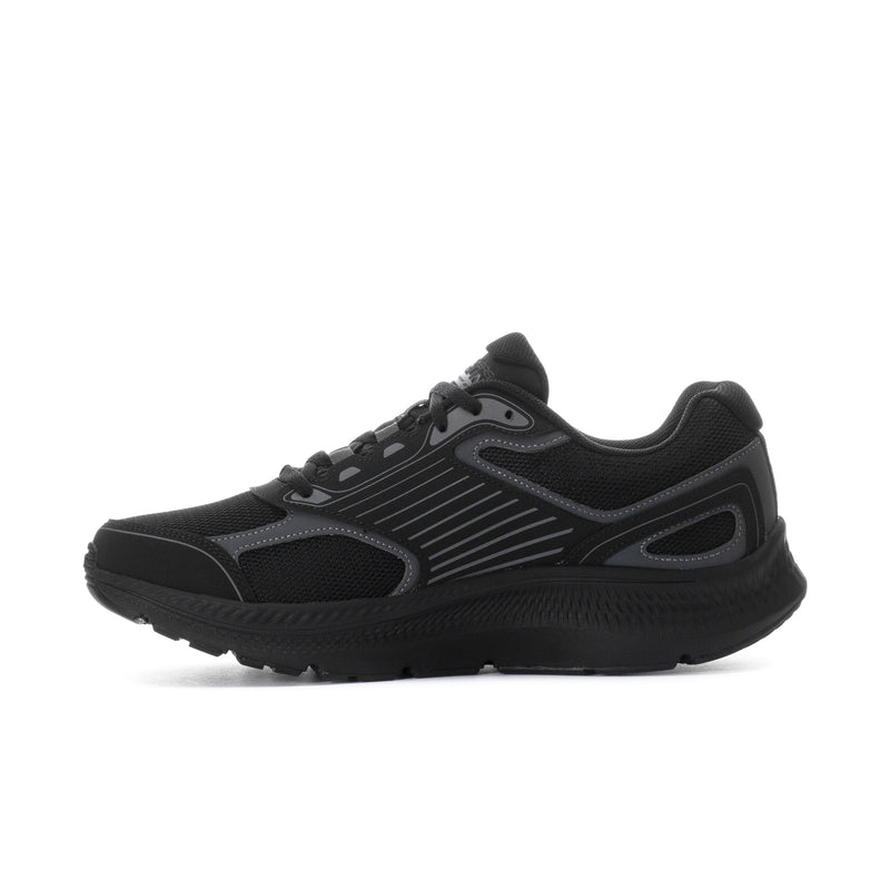 Black lace-up running shoe side profile with patterned stripes and rubber outsole