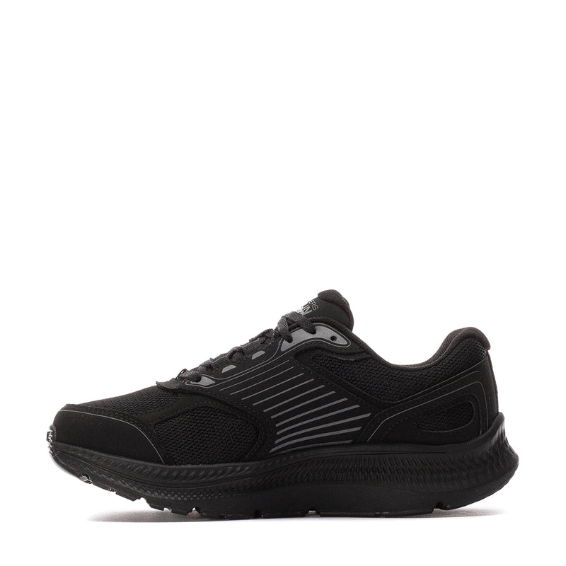 Black women's running shoe side view with low-profile cushioned sole