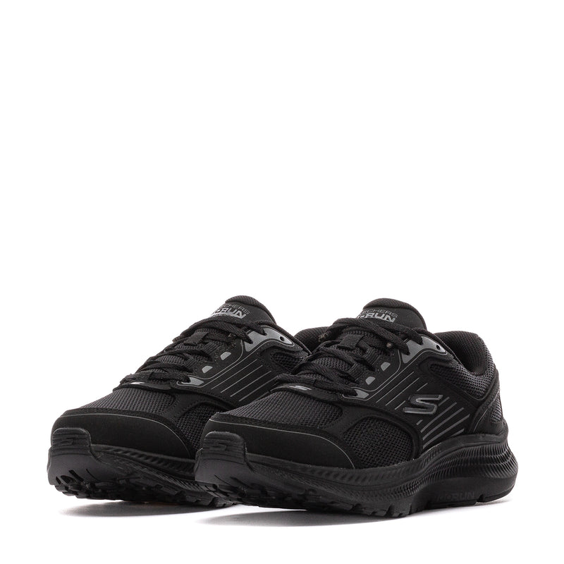 Black women's running shoes toe-forward view with mesh panels and laces