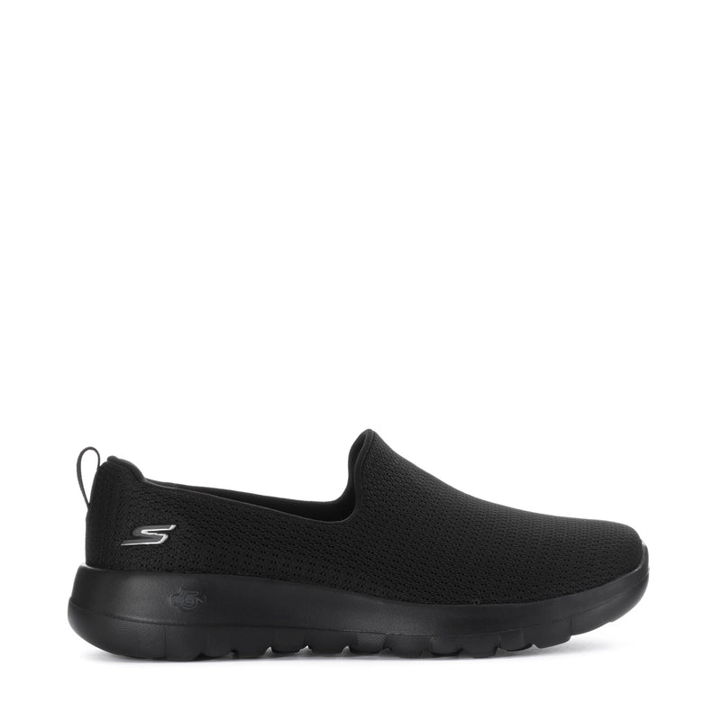 Women's black slip-on walking shoes with textured knit upper and cushioned sole
