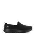 Women's black slip-on walking shoes with textured knit upper and cushioned sole