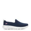 Women's navy slip-on sneaker with white sole and mesh upper