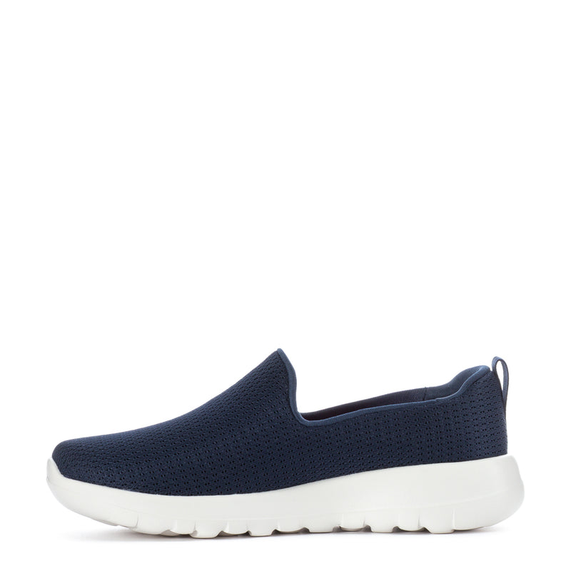 Women's navy slip-on sneaker, side view with white cushioned sole