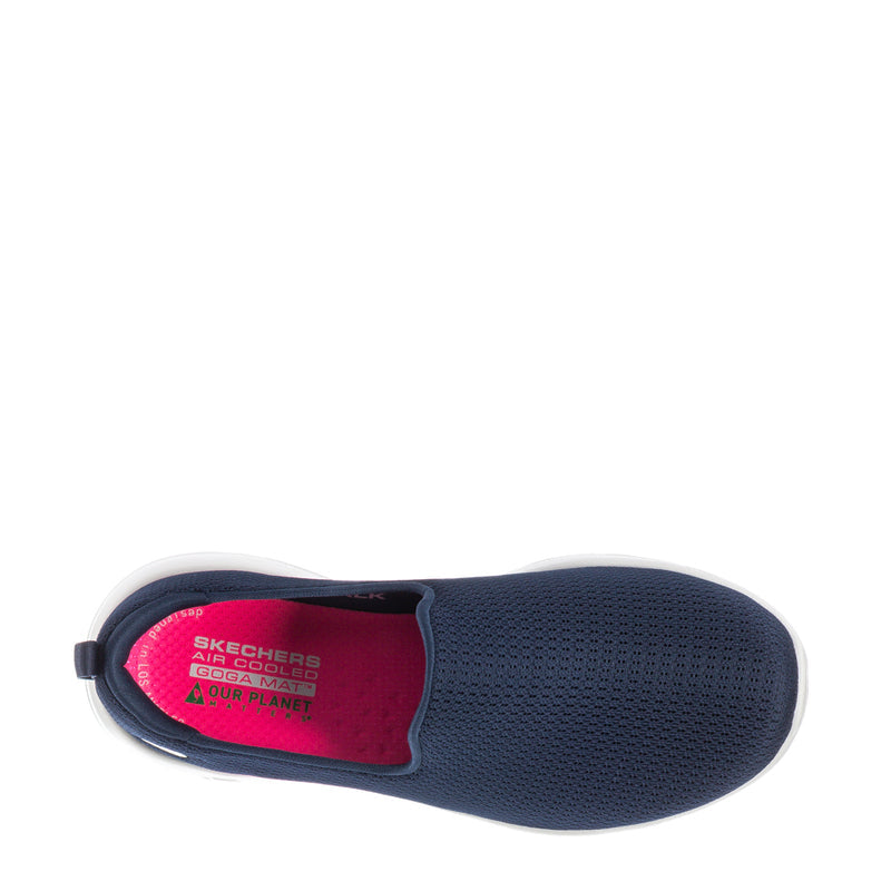 Women's navy slip-on sneaker showing pink logo lining and padded collar